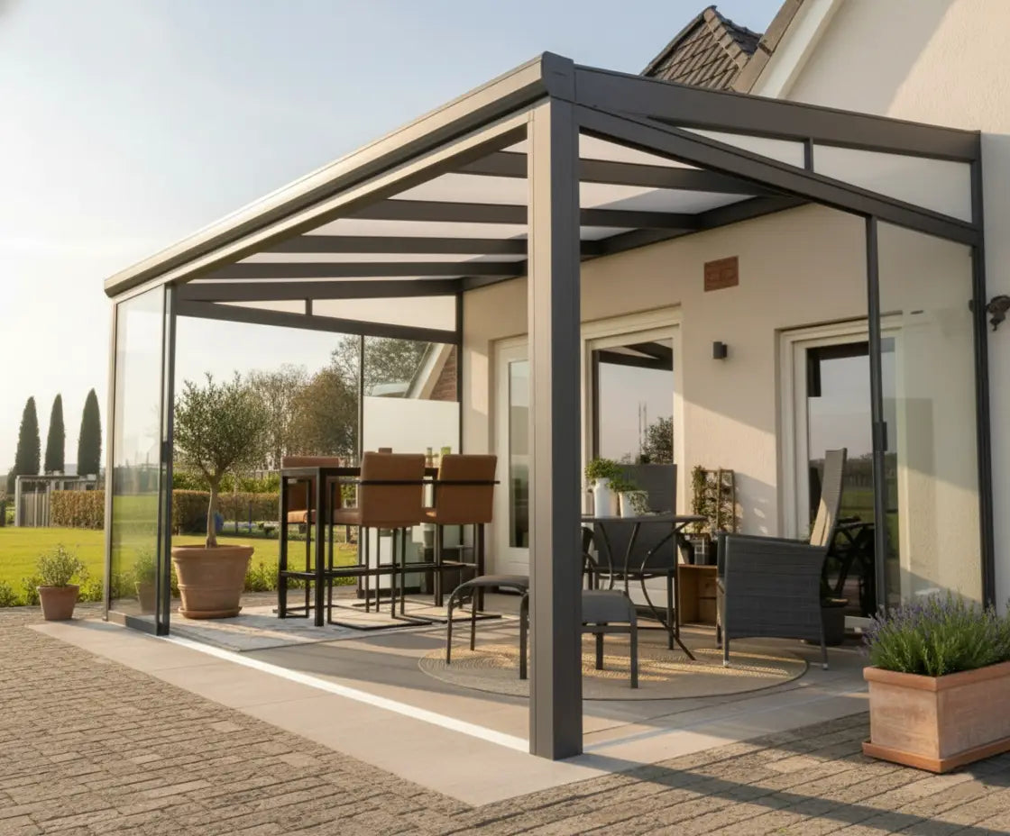 Vista laterale della veranda antracite (RAL 7016) con tetto in policarbonato opale: struttura in alluminio rinforzata con profili 80×80 mm, resistente a graffi e intemperie – Verande in Giardino.