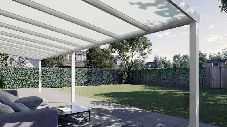 Vista Inferiore di una Veranda moderna bianco 9016, dimensioni 10,06 x 3,0 metri con tetto in vetro opale. Pergola/Gazebo elegante e resistente alle intemperie, ideale per spazi esterni raffinati e confortevoli, offre protezione UV ed è facile da montare.