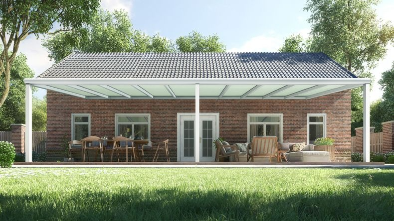 Vista Frontale di una Veranda moderna bianco 9016, dimensioni 10,06 x 4,0 metri con tetto in vetro opale. Pergola/Gazebo elegante e resistente alle intemperie, ideale per spazi esterni raffinati e confortevoli, offre protezione UV ed è facile da montare.