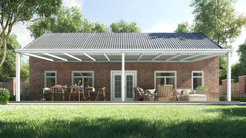 Vista Frontale di una Veranda moderna bianco 9016, dimensioni 10,06 x 4,0 metri con tetto in vetro trasparente. Pergola/Gazebo elegante e resistente alle intemperie, ideale per spazi esterni raffinati e confortevoli, offre protezione UV ed è facile da montare.
