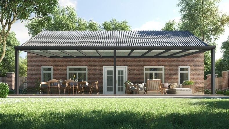 Vista Frontale di una Veranda moderna nero 9005, dimensioni 10,06 x 4,0 metri con tetto in vetro trasparente. Pergola/Gazebo elegante e resistente alle intemperie, ideale per spazi esterni raffinati e confortevoli, offre protezione UV ed è facile da montare.
