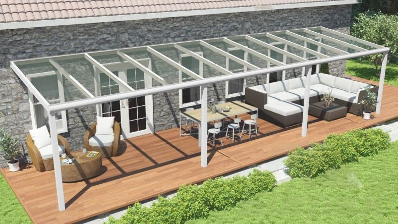 Vista dall'alto di una Veranda moderna bianco 9016, dimensioni 11,06 x 2,5 metri con tetto in vetro trasparente. Pergola/Gazebo elegante e resistente alle intemperie, ideale per spazi esterni raffinati e confortevoli, offre protezione UV ed è facile da montare.