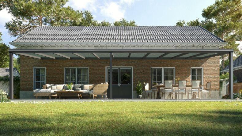 Vista Frontale di una Veranda moderna antracite 7016, dimensioni 11,06 x 3,0 metri con tetto in vetro trasparente. Pergola/Gazebo elegante e resistente alle intemperie, ideale per spazi esterni raffinati e confortevoli, offre protezione UV ed è facile da montare.