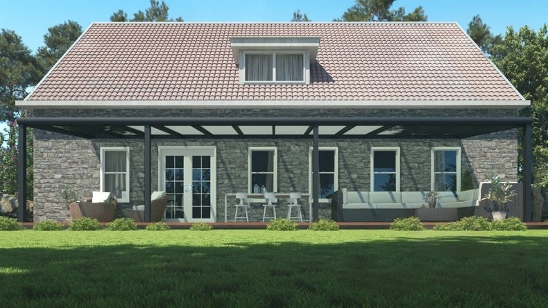 Vista Frontale di una Veranda moderna nero 9005, dimensioni 12,06 x 2,5 metri con tetto in vetro opale. Pergola/Gazebo elegante e resistente alle intemperie, ideale per spazi esterni raffinati e confortevoli, offre protezione UV ed è facile da montare.