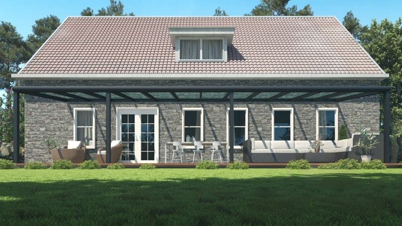 Vista Frontale di una Veranda moderna nero 9005, dimensioni 12,06 x 2,5 metri con tetto in vetro trasparente. Pergola/Gazebo elegante e resistente alle intemperie, ideale per spazi esterni raffinati e confortevoli, offre protezione UV ed è facile da montare.