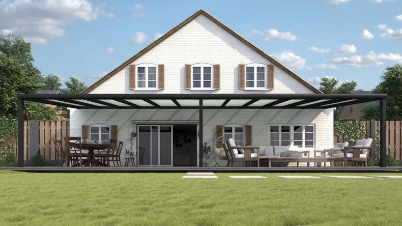 Vista Frontale di una Veranda moderna nero 9005, dimensioni 12,06 x 3,5 metri con tetto in vetro opale. Pergola/Gazebo elegante e resistente alle intemperie, ideale per spazi esterni raffinati e confortevoli, offre protezione UV ed è facile da montare.