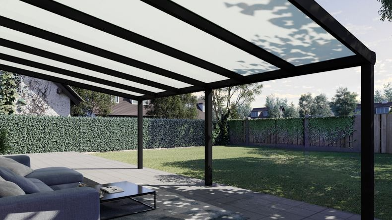 Vista Inferiore di una Veranda moderna nero 9005, dimensioni 6,06 x 4,0 metri con tetto in vetro opale. Pergola/Gazebo elegante e resistente alle intemperie, ideale per spazi esterni raffinati e confortevoli, offre protezione UV ed è facile da montare.