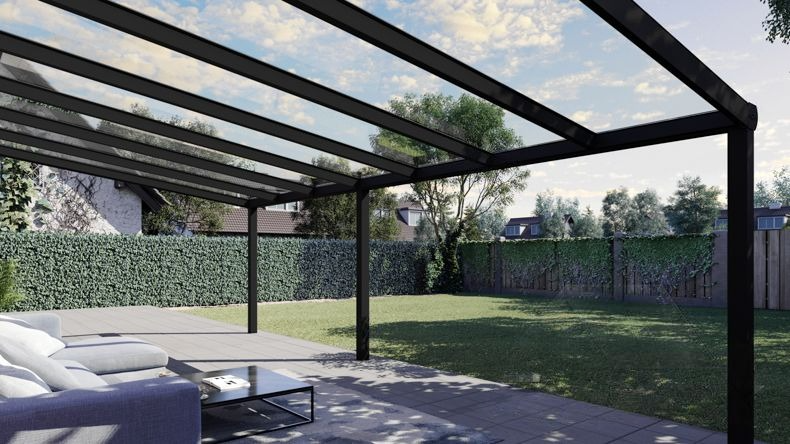 Vista Inferiore di una Veranda moderna nero 9005, dimensioni 7,06 x 4,0 metri con tetto in vetro trasparente. Pergola/Gazebo elegante e resistente alle intemperie, ideale per spazi esterni raffinati e confortevoli, offre protezione UV ed è facile da montare.
