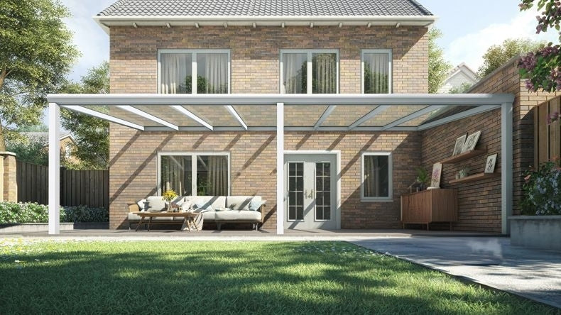Vista Frontale di una Veranda moderna bianco 9016, dimensioni 8,06 x 4,0 metri con tetto in vetro trasparente. Pergola/Gazebo elegante e resistente alle intemperie, ideale per spazi esterni raffinati e confortevoli, offre protezione UV ed è facile da montare.
