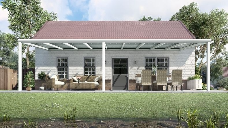 Vista Frontale di una Veranda moderna bianco 9016, dimensioni 9,06 x 2,5 metri con tetto in vetro trasparente. Pergola/Gazebo elegante e resistente alle intemperie, ideale per spazi esterni raffinati e confortevoli, offre protezione UV ed è facile da montare.