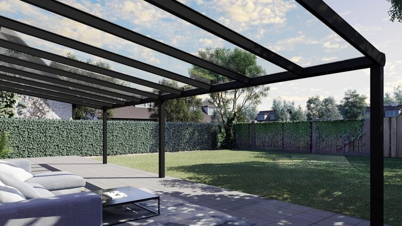 Vista Inferiore di una Veranda moderna nero 9005, dimensioni 9,06 x 4,0 metri con tetto in vetro trasparente. Pergola/Gazebo elegante e resistente alle intemperie, ideale per spazi esterni raffinati e confortevoli, offre protezione UV ed è facile da montare.