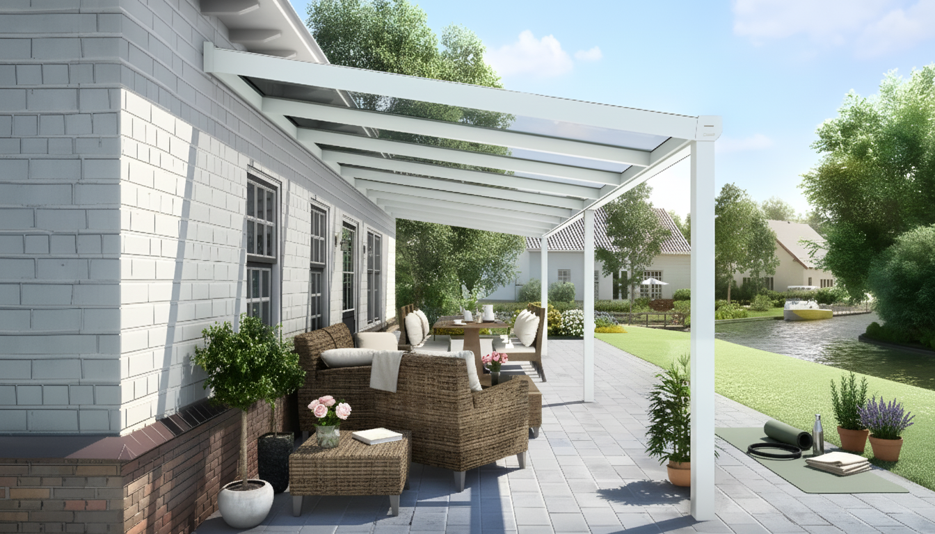 Veranda in alluminio bianca con tetto in vetro trasparente, elegante soluzione per esterni – Verande in Giardino