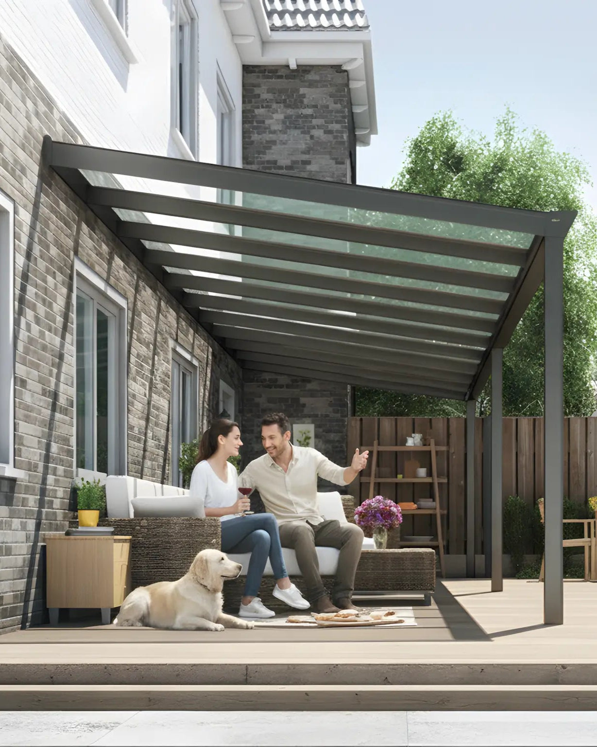 Veranda in alluminio Antracite (RAL 7016) 4,06×3,0 m con tetto in Vetro Trasparente, ambientata con famiglia e cane in giardino per momenti conviviali — Verande in Giardino