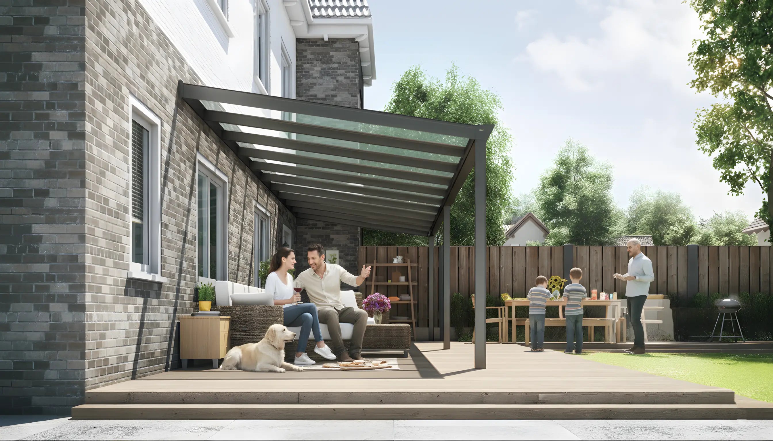 Veranda in alluminio Antracite (RAL 7016) 4,06×3,0 m con tetto in Vetro Trasparente, ambientata con famiglia e cane in giardino per momenti conviviali — Verande in Giardino