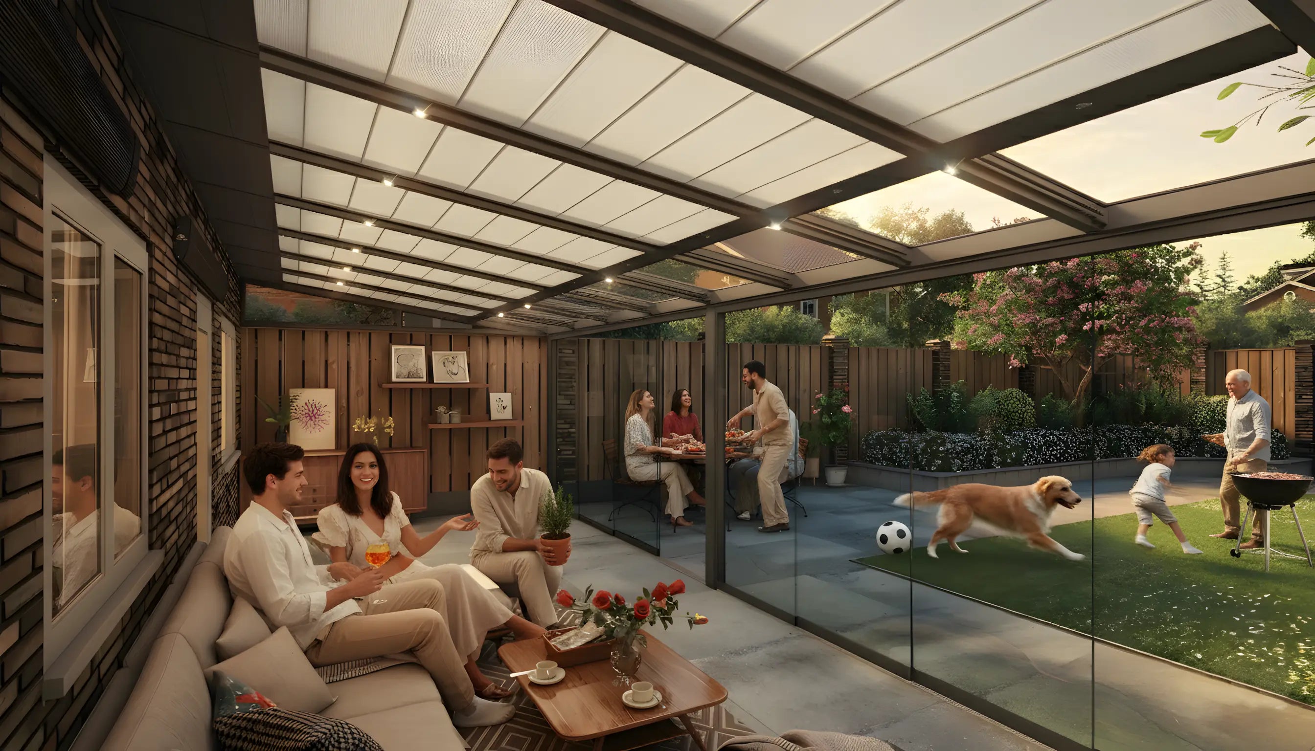 Veranda Antracite (RAL 7016) 7,06×3,5 m con tetto in Policarbonato Opale e vetrate scorrevoli, ambientata con famiglia e cane in giardino — Verande in Giardino