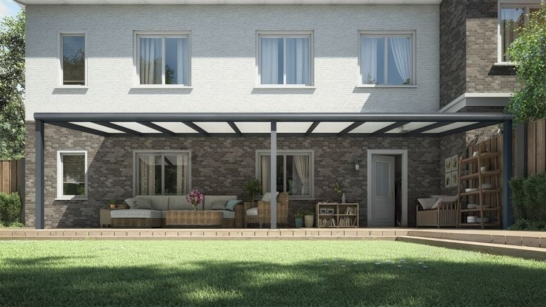 Vista Frontale di una Veranda moderna antracite 7016, dimensioni 10,06 x 2,5 metri con tetto in policarbonato opale. Pergola/Gazebo elegante e resistente alle intemperie, ideale per spazi esterni raffinati e confortevoli, offre protezione UV ed è facile da montare.