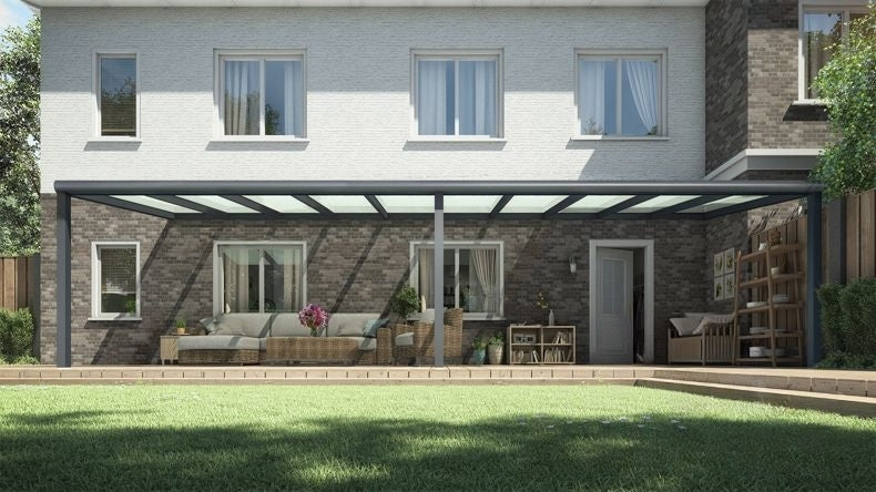 Vista Frontale di una Veranda moderna antracite 7016, dimensioni 10,06 x 2,5 metri con tetto in vetro opale. Pergola/Gazebo elegante e resistente alle intemperie, ideale per spazi esterni raffinati e confortevoli, offre protezione UV ed è facile da montare.