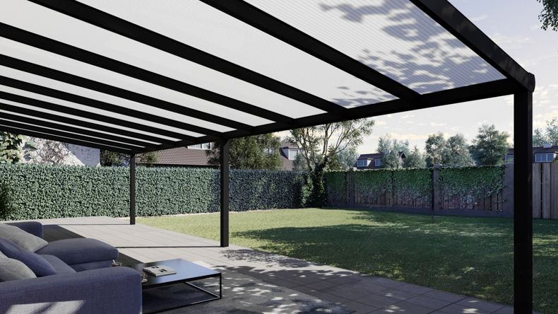 Vista Inferiore di una Veranda moderna nero 9005, dimensioni 10,06 x 3,5 metri con tetto in policarbonato opale. Pergola/Gazebo elegante e resistente alle intemperie, ideale per spazi esterni raffinati e confortevoli, offre protezione UV ed è facile da montare.