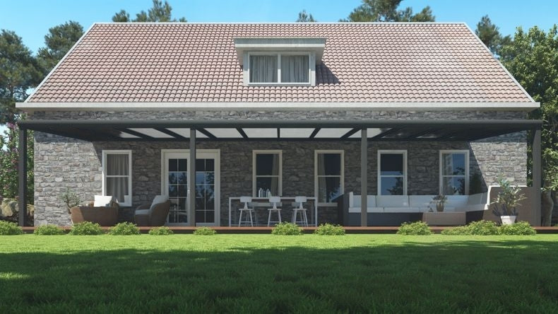 Vista Frontale di una Veranda moderna antracite 7016, dimensioni 12,06 x 2,5 metri con tetto in policarbonato opale. Pergola/Gazebo elegante e resistente alle intemperie, ideale per spazi esterni raffinati e confortevoli, offre protezione UV ed è facile da montare.