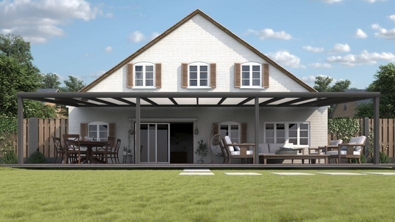 Vista Frontale di una Veranda moderna antracite 7016, dimensioni 12,06 x 3,5 metri con tetto in policarbonato opale. Pergola/Gazebo elegante e resistente alle intemperie, ideale per spazi esterni raffinati e confortevoli, offre protezione UV ed è facile da montare.