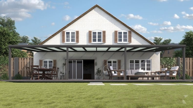 Vista Frontale di una Veranda moderna antracite 7016, dimensioni 12,06 x 3,5 metri con tetto in vetro opale. Pergola/Gazebo elegante e resistente alle intemperie, ideale per spazi esterni raffinati e confortevoli, offre protezione UV ed è facile da montare.