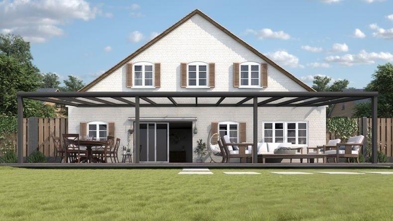 Vista Frontale di una Veranda moderna antracite 7016, dimensioni 12,06 x 3,5 metri con tetto in vetro trasparente. Pergola/Gazebo elegante e resistente alle intemperie, ideale per spazi esterni raffinati e confortevoli, offre protezione UV ed è facile da montare.