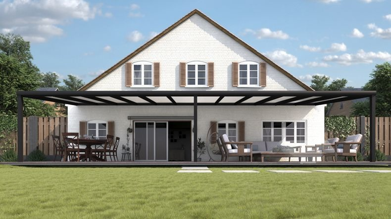 Vista Frontale di una Veranda moderna nero 9005, dimensioni 12,06 x 3,5 metri con tetto in policarbonato opale. Pergola/Gazebo elegante e resistente alle intemperie, ideale per spazi esterni raffinati e confortevoli, offre protezione UV ed è facile da montare.