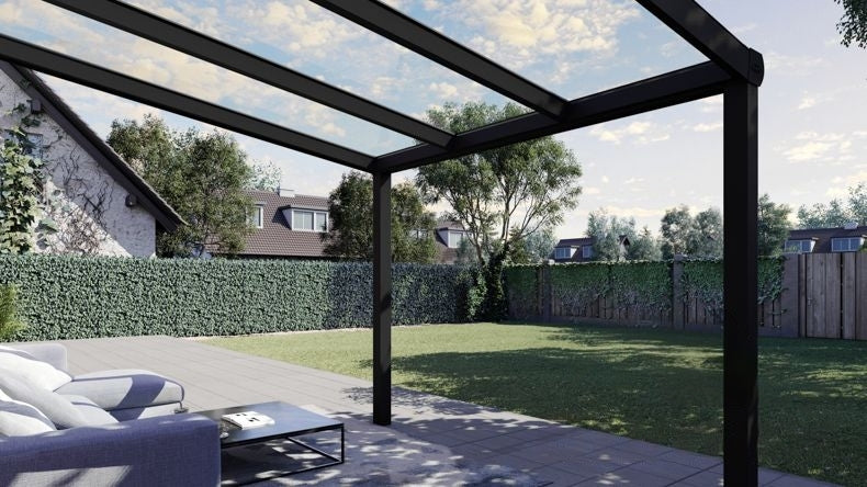 Vista tetto di una Veranda moderna nero 9005, dimensioni 4,06 x 2,5 metri con tetto in vetro trasparente. Pergola/Gazebo elegante e resistente alle intemperie, ideale per spazi esterni raffinati e confortevoli, offre protezione UV ed è facile da montare.