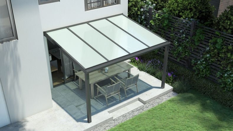 Vista dall'alto di una Veranda moderna antracite 7016, dimensioni 4,06 x 2,5 metri con tetto in vetro opale. Pergola/Gazebo elegante e resistente alle intemperie, ideale per spazi esterni raffinati e confortevoli, offre protezione UV ed è facile da montare.