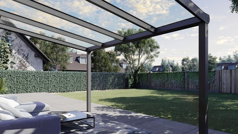 Vista Inferiore di una Veranda moderna antracite 7016, dimensioni 4,06 x 2,5 metri con tetto in vetro trasparente. Pergola/Gazebo elegante e resistente alle intemperie, ideale per spazi esterni raffinati e confortevoli, offre protezione UV ed è facile da montare.