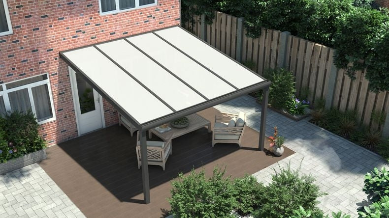 Vista dall'alto di una Veranda moderna antracite 7016, dimensioni 4,06 x 3,5 metri con tetto in policarbonato opale. Pergola/Gazebo elegante e resistente alle intemperie, ideale per spazi esterni raffinati e confortevoli, offre protezione UV ed è facile da montare.