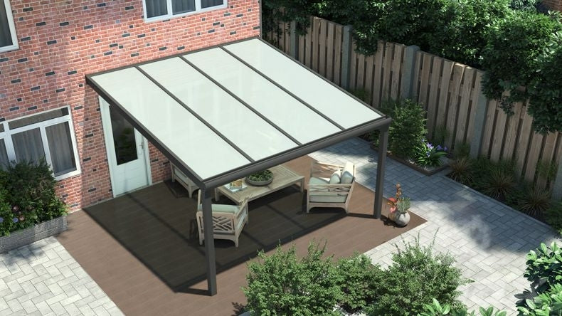 Vista dall'alto di una Veranda moderna antracite 7016, dimensioni 4,06 x 3,5 metri con tetto in vetro opale. Pergola/Gazebo elegante e resistente alle intemperie, ideale per spazi esterni raffinati e confortevoli, offre protezione UV ed è facile da montare.