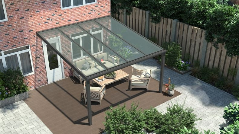 Vista dall'alto di una Veranda moderna antracite 7016, dimensioni 4,06 x 3,5 metri con tetto in vetro trasparente. Pergola/Gazebo elegante e resistente alle intemperie, ideale per spazi esterni raffinati e confortevoli, offre protezione UV ed è facile da montare.