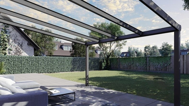 Vista Inferiore di una Veranda moderna antracite 7016, dimensioni 4,06 x 3,5 metri con tetto in vetro trasparente. Pergola/Gazebo elegante e resistente alle intemperie, ideale per spazi esterni raffinati e confortevoli, offre protezione UV ed è facile da montare.