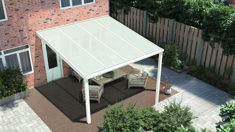 Vista dall'alto di una Veranda moderna bianco 9016, dimensioni 4,06 x 3,5 metri con tetto in vetro opale. Pergola/Gazebo elegante e resistente alle intemperie, ideale per spazi esterni raffinati e confortevoli, offre protezione UV ed è facile da montare.