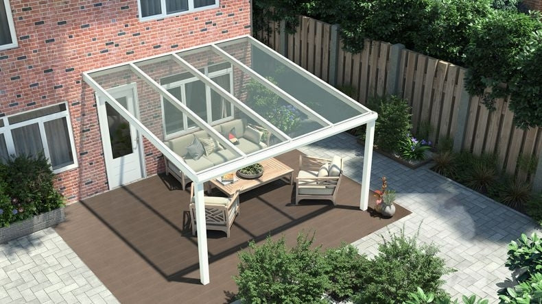 Vista dall'alto di una Veranda moderna bianco 9016, dimensioni 4,06 x 3,5 metri con tetto in vetro trasparente. Pergola/Gazebo elegante e resistente alle intemperie, ideale per spazi esterni raffinati e confortevoli, offre protezione UV ed è facile da montare.