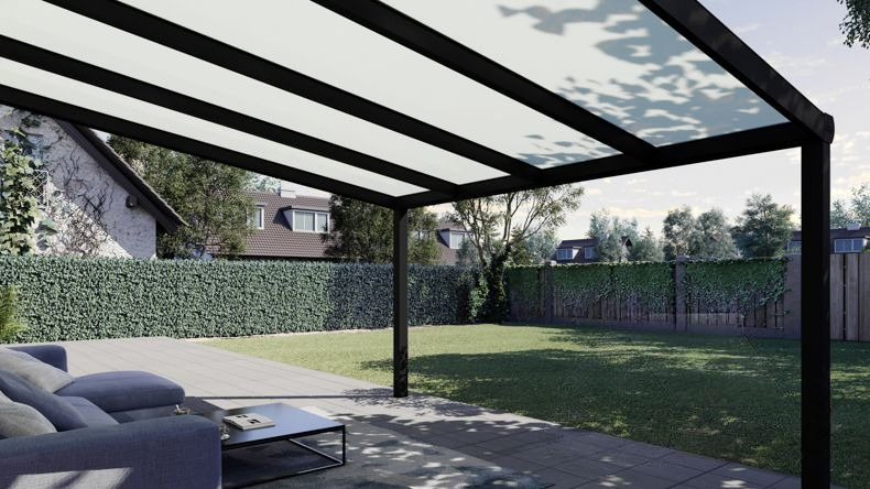 Vista Inferiore di una Veranda moderna nero 9005, dimensioni 4,06 x 3,5 metri con tetto in vetro opale. Pergola/Gazebo elegante e resistente alle intemperie, ideale per spazi esterni raffinati e confortevoli, offre protezione UV ed è facile da montare.