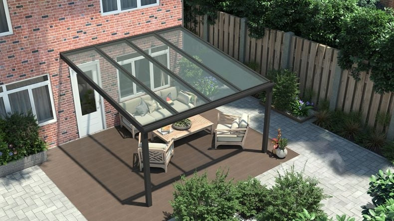 Vista dall'alto di una Veranda moderna nero 9005, dimensioni 4,06 x 3,5 metri con tetto in vetro trasparente. Pergola/Gazebo elegante e resistente alle intemperie, ideale per spazi esterni raffinati e confortevoli, offre protezione UV ed è facile da montare.