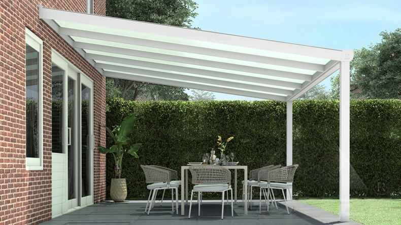 Vista laterale di una Veranda moderna bianco 9016, dimensioni 5,06 x 3,5 metri con tetto in vetro opale. Pergola/Gazebo elegante e resistente alle intemperie, ideale per spazi esterni raffinati e confortevoli, offre protezione UV ed è facile da montare.