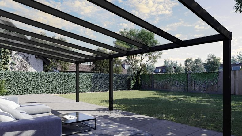 Vista Inferiore di una Veranda moderna nero 9005, dimensioni 7,06 x 3,5 metri con tetto in vetro trasparente. Pergola/Gazebo elegante e resistente alle intemperie, ideale per spazi esterni raffinati e confortevoli, offre protezione UV ed è facile da montare.