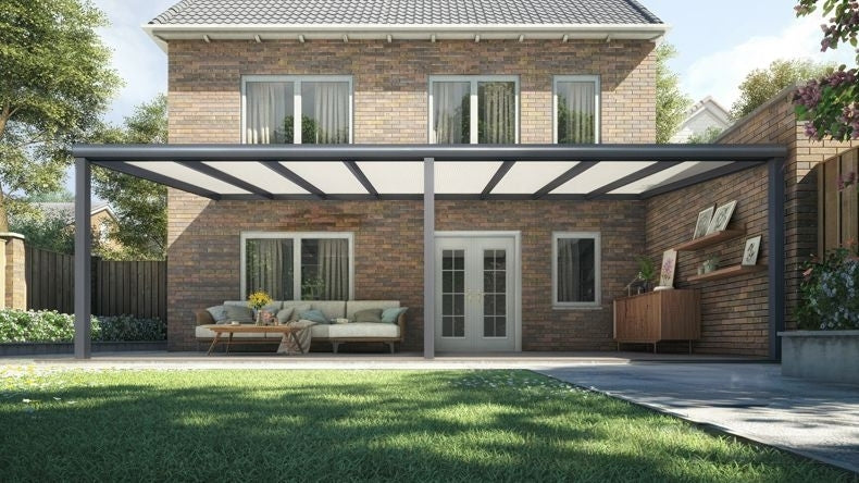 Vista Frontale di una Veranda moderna antracite 7016, dimensioni 8,06 x 3,5 metri con tetto in policarbonato opale. Pergola/Gazebo elegante e resistente alle intemperie, ideale per spazi esterni raffinati e confortevoli, offre protezione UV ed è facile da montare.