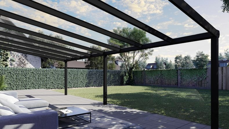 Vista Inferiore di una Veranda moderna nero 9005, dimensioni 8,06 x 3,5 metri con tetto in vetro trasparente. Pergola/Gazebo elegante e resistente alle intemperie, ideale per spazi esterni raffinati e confortevoli, offre protezione UV ed è facile da montare.