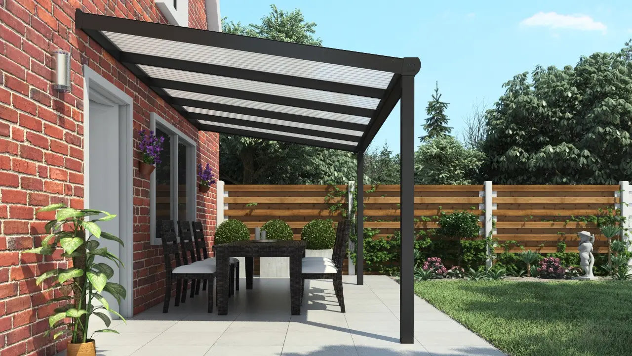 Vista veranda Antracite (RAL 7016) 3,06×3,0 m con tetto in Policarbonato Opale, confronto slider coperture — Verande in Giardino
