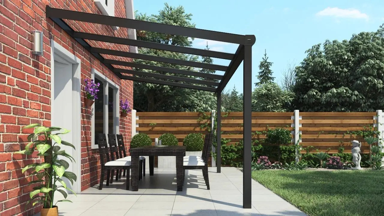 Vista veranda Antracite (RAL 7016) 3,06×3,0 m con tetto in Vetro Trasparente, confronto slider coperture — Verande in Giardino